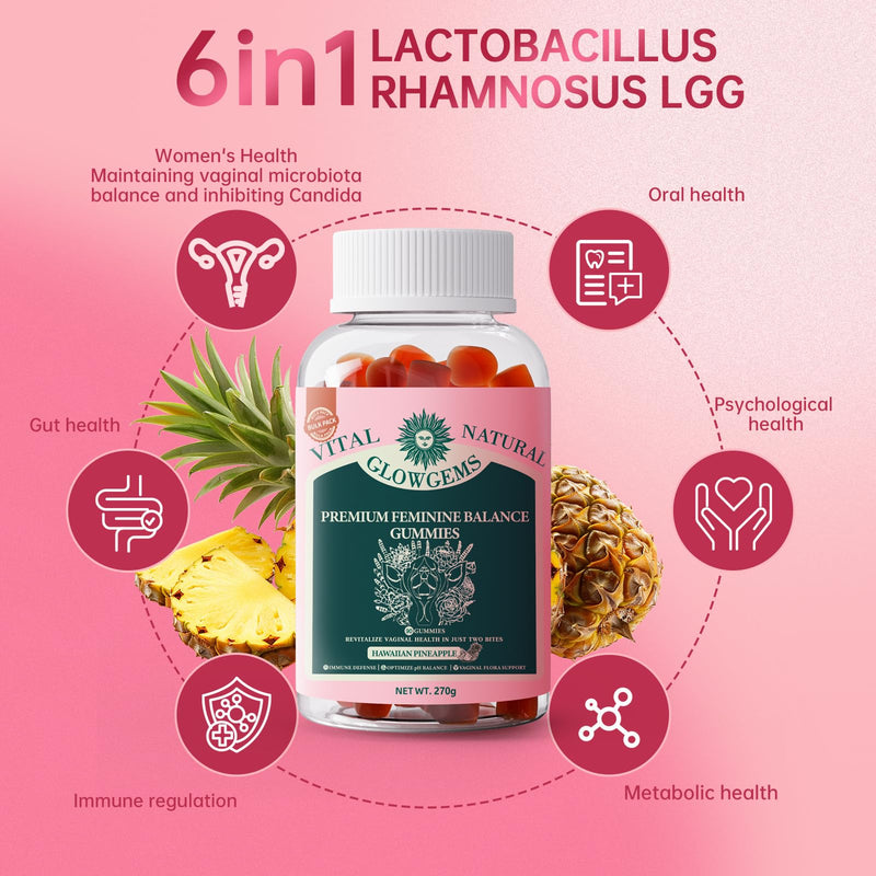 Vital Natural Feminine Balance Gummies, pH Balance & Intimate Health Support, Hawaiian Pineapple Flavor, 90 Count 45 Servings, Vegan Probiotic Supplement for Women, Immune Defense 1 Count (Pack of 90)