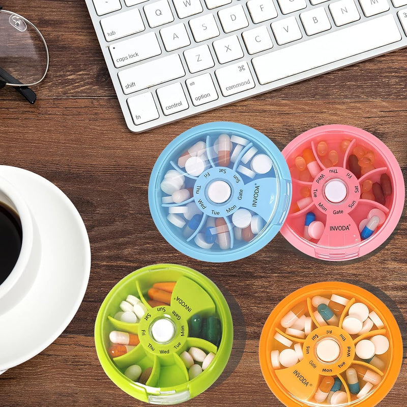 4PCS Portable Mini 7 Day Weekly Circular Shape Rotary Pill Storage Case Box | Small Pill Case Cute Pill Box 1 Time A Day for Pills Medication Supplements Vitamin 4 Colors