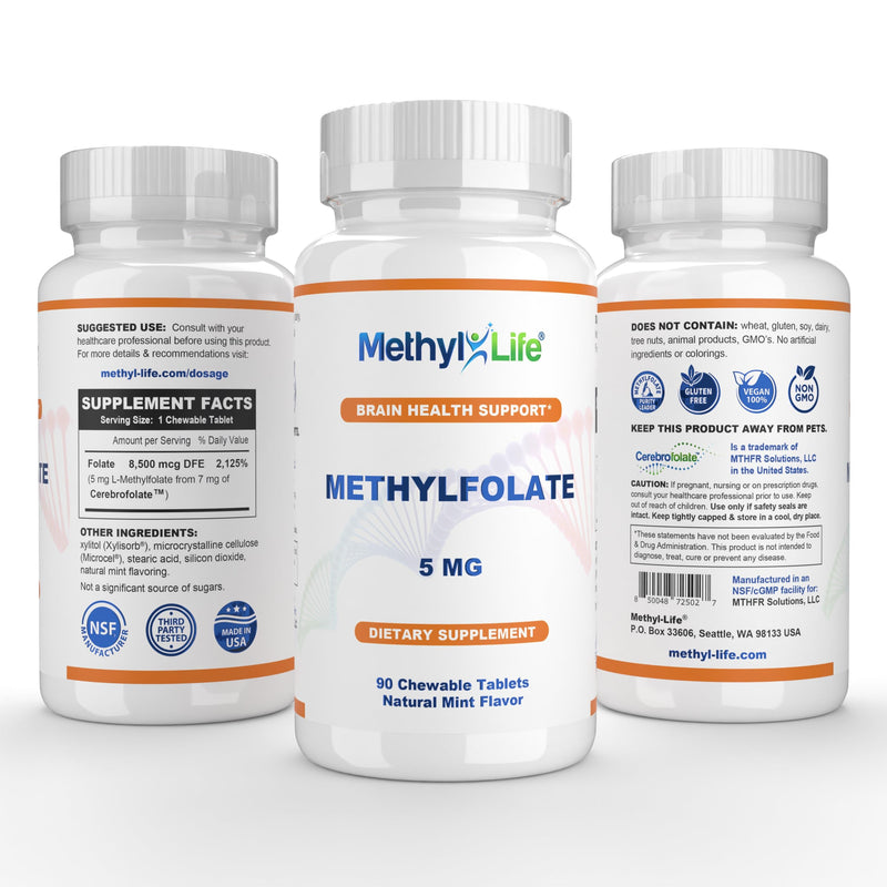 Methyl-Life® L-Methylfolate 5 mg - Chewable Active Folate Tablets with ultrapure Form of Cerebrofolate® (L-5-MTHF, Calcium) | Vegan, Non-GMO, Gluten-Free | 90 Chewable Tablet
