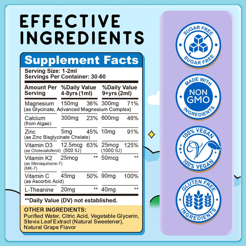 (2 Pack) Magnesium Glycinate Liquid for Kids, Kids Magnesium Liquid Drops Supplement with L-Theanine, Calcium, Zinc, Vitamin D3 K2 for Sleep Calm Relaxation Brain Bones Focus, Grape Flavor 4 Fl Oz 2 Fl Oz (Pack of 2)