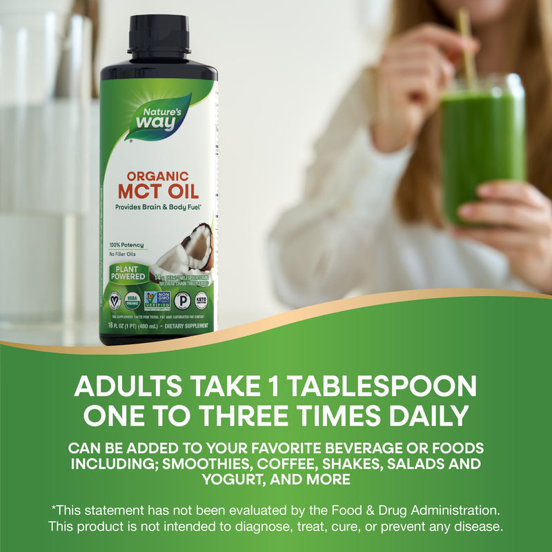 Nature's Way Organic MCT Oil, 16 Fl Oz, Brain and Body Fuel from Coconuts*, C8 Caprylic Acid and C10 Capric Acid, Keto and Paleo Certified, Organic, Non-GMO Project Verified (Packaging May Vary)