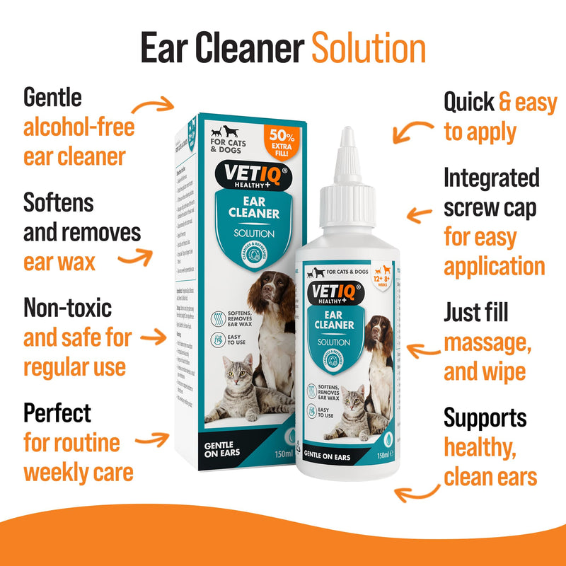 VETIQ Ear Cleaner for Dogs & Cats 150ml, Alcohol-Free Ear Cleaning Solution with Neem Oil & Malic Acid – Helps Remove Wax, Dirt & Odours –50% Extra Fill New screw open twist cap pack of 1
