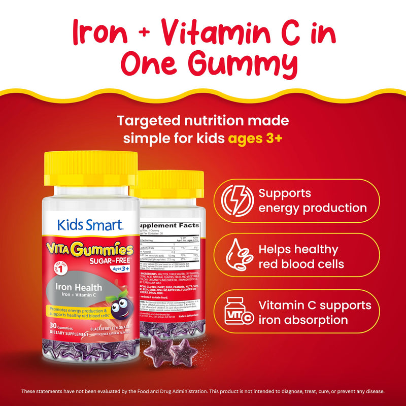 Kids Smart Iron Health Gummies, Iron + Vitamin C, Energy & Immune, Kids 3+ | Iron + Vitamin C, Sugar-Free Vegan Gummy Vitamins, Gluten-Free, Non-GMO, Supports Energy, Immunity & Iron Absorption, 30 Ct