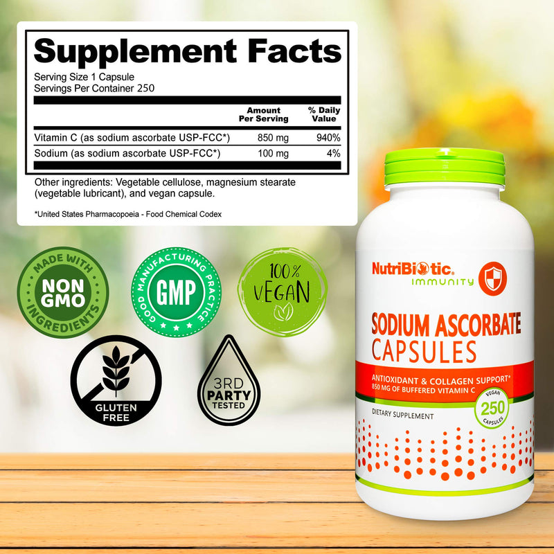 NutriBiotic - Sodium Ascorbate Buffered Vitamin C Capsules, 250 Ct | Vegan, Non-Acidic & Easier on Digestion Than Ascorbic Acid | Essential Immune Support & Antioxidant Supplement | Gluten & GMO Free Unflavored 250 Count (Pack of 1)