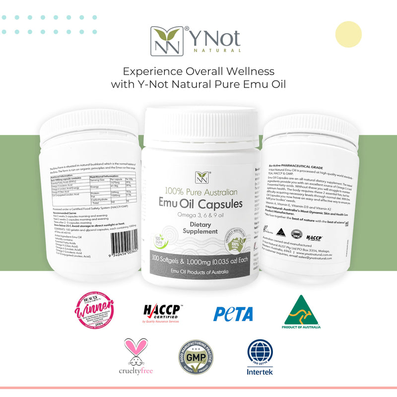 Y Not Natural Pure Emu Oil Capsules – Heart, Hair, Joint & Metabolism Support Supplement – Pharmaceutical Grade with CLA, Omega 3-6-9, Vitamins K2, A & E, 1000mg, 100 Capsules 100 Count (Pack of 1)