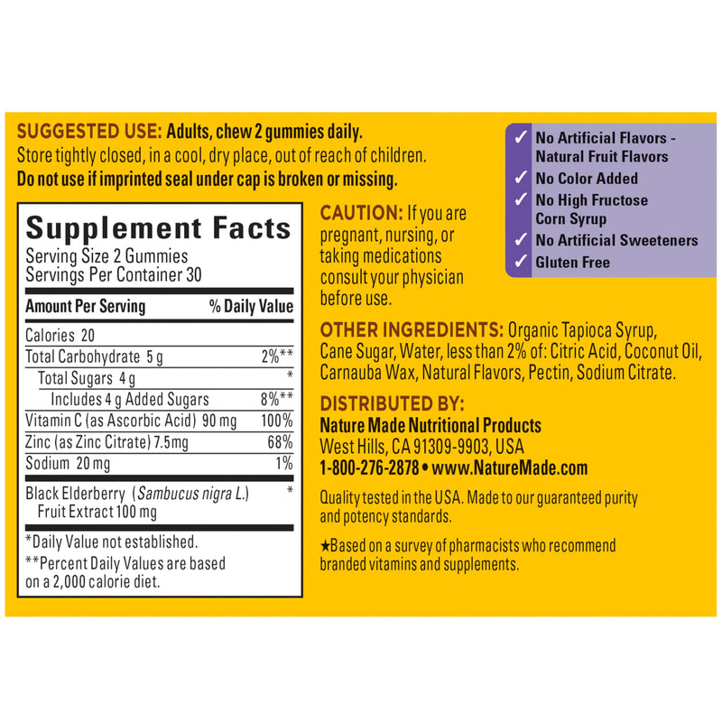 Nature Made Elderberry Gummies with Vitamin C & Zinc, 60 Elderberry Gummies | Dietary Supplement for Antioxidant and Immune Support, Suitable for Vegetarians, Raspberry Flavor, 30 Day Supply 60 Count (Pack of 1)