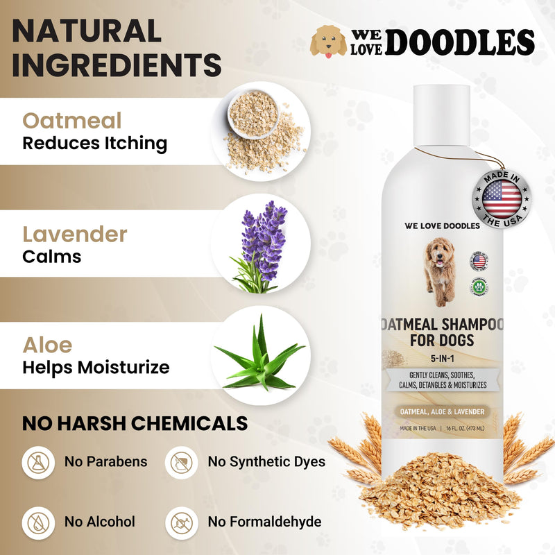 5-in-1 Premium Oatmeal Shampoo for Dogs, Gentle for Itchy & Sensitive Skin, Provides Itch Relief, Hypoallergenic & Soothing for Dry Skin, Moisturizing Anti-Itch, Made in USA, 16 oz [We Love Doodles] Oatmeal Dog Shampoo - BeesActive Australia