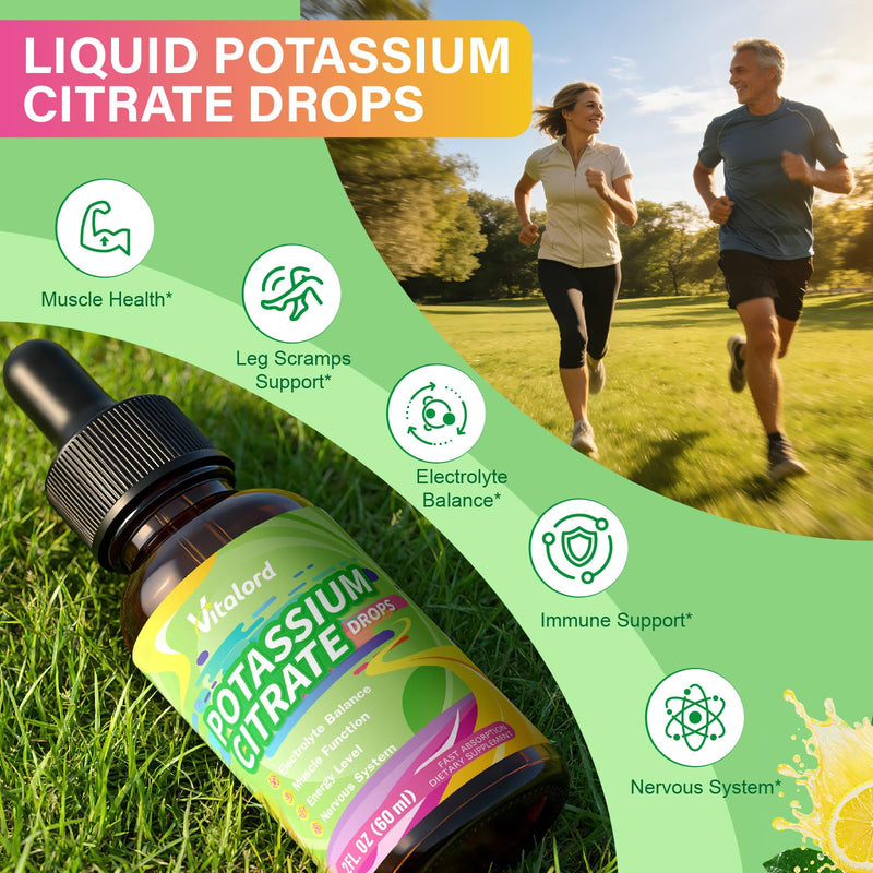 Liquid Potassium 1000mg Drops, Potassium Citrate with Magnesium Supplement for Women, with Zinc Picolinate, Taurine, Vitamin B6 & C, Support Leg Cramps & Muscle Health, 30 Servings
