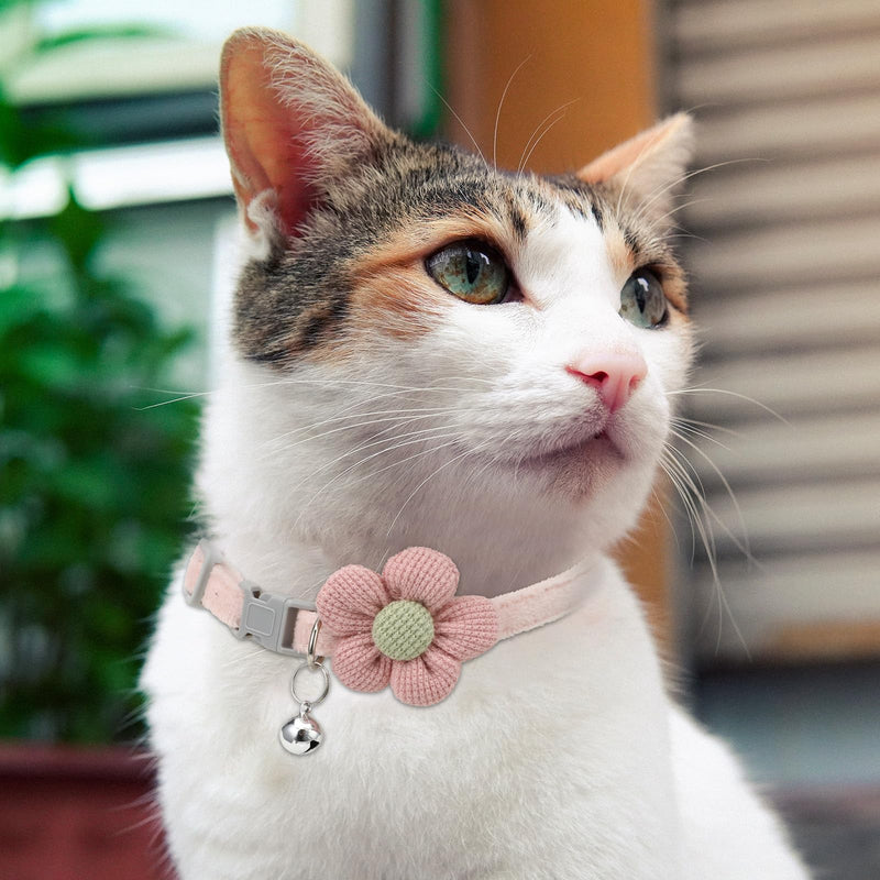 2 PCS Pink Kitten Collar with Flower Pink Cat Collar with Breakaway Safety Buckle, Cat Collar with Bells Flannel Kitten Collar with Bell, Adjustable 7-12 Inch Breakaway Cat Collars Pet Supplies - BeesActive Australia