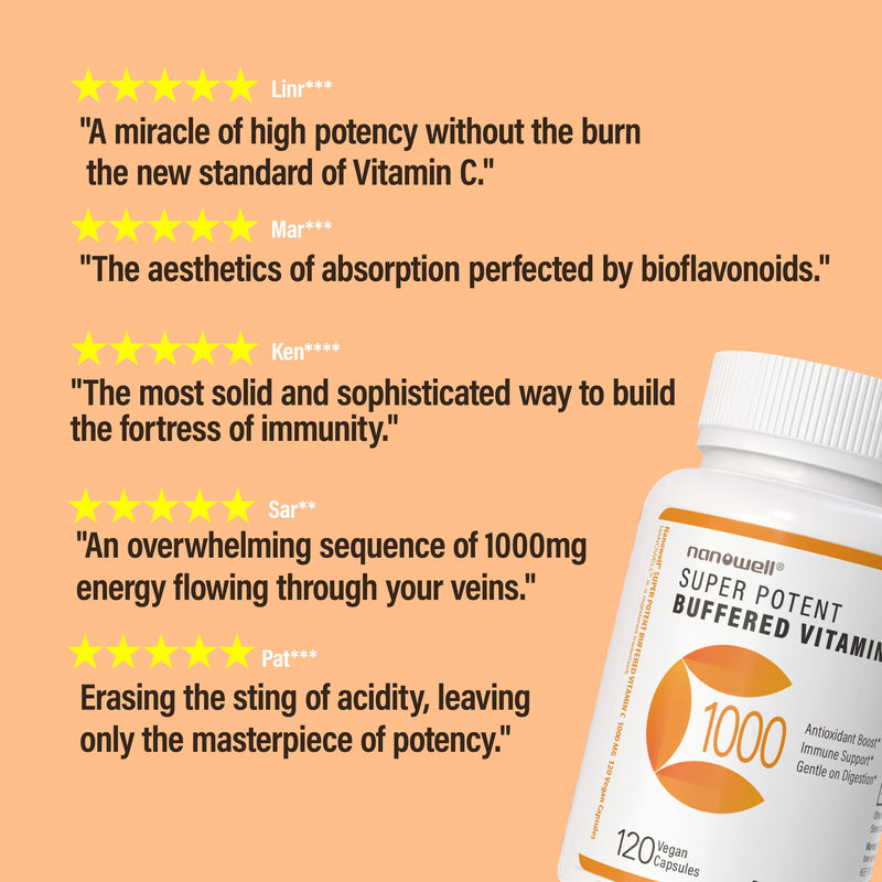 NANOWELL Super Potent Buffered Vitamin C 1000 mg with Bioflavonoid Complex - Antioxidant & Immune Support - Healthy Skin & Joints - Gluten Free - 180 Servings 1,000 mg Capsules