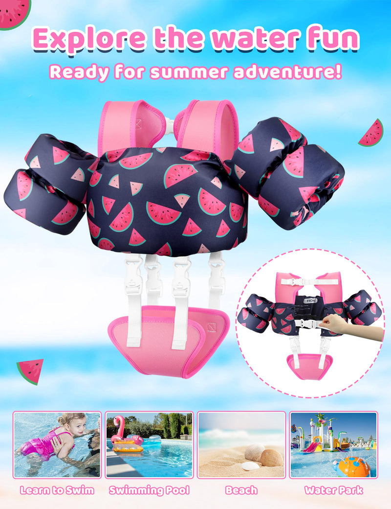 Vvinca Toddler Swim Vest for Kids 13-30lbs/ 30-66lbs Boys Girls Puddle Kid Jumper Toddlers Pool Floaties Jacket with Adjustable Crotch Strap Sleeves Shoulder for 1-3-10 Yrs Baby Infant Learn to Swim 01-Watermelon S（13-30lbs）
