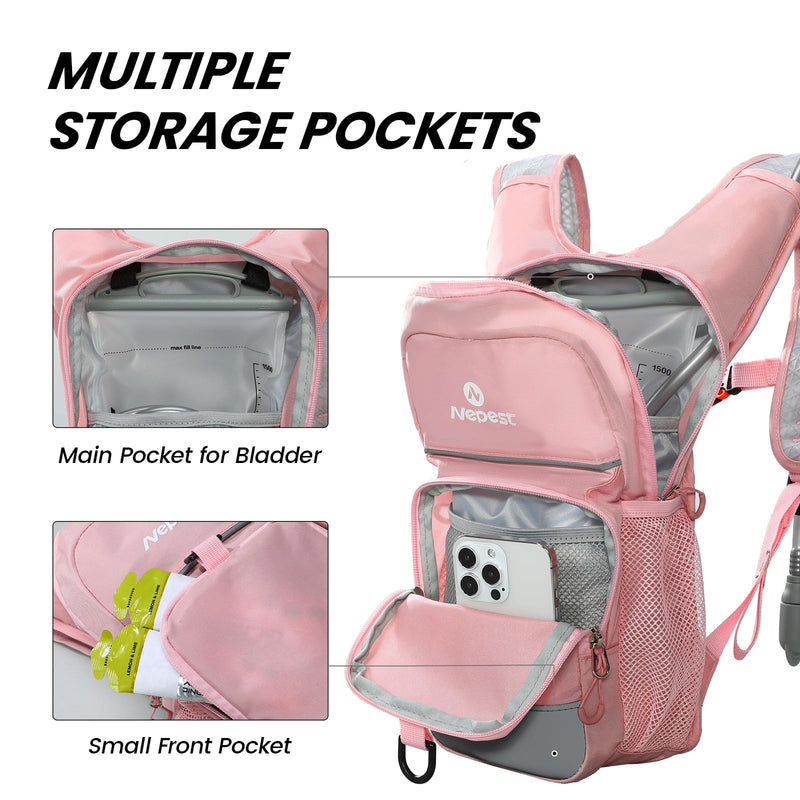 Nepest Kids Hydration Backpack, Mini Water Backpack with 1.5L Water Bladder for Hiking Cycling Running Pink