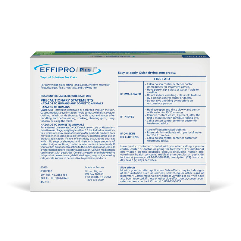 Virbac EFFIPRO Plus Topical Solution for Cats Over 1.5 lbs, 3 Month Supply, Non-Perishable