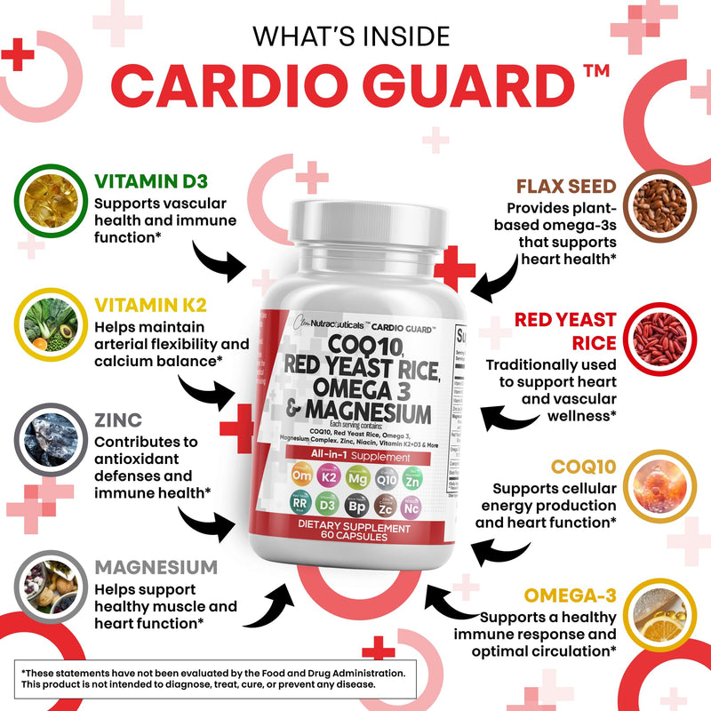 Clean Nutraceuticals COQ10 200mg Red Yeast Rice Flax Seed Magnesium Blend Niacin Zinc Vitamin K2 D3 - Heart Support Vitamins for Women & Men w/Vitamin B3, Coenzyme Q10-60 Ct (Pack of 2) 60 Count (Pack of 2)