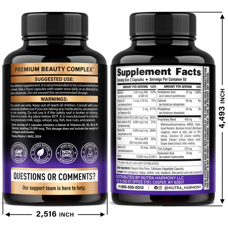 Biotin, Collagen, Hyaluronic Acid & Keratin - Hair Growth Support, 120 Caps | Hair, Skin & Nails Vitamins - Clinically Tested Supplement for Men & Women - 25000mcg Vitamins B1, B2, B3, B6 & B7 120 Count (Pack of 1)