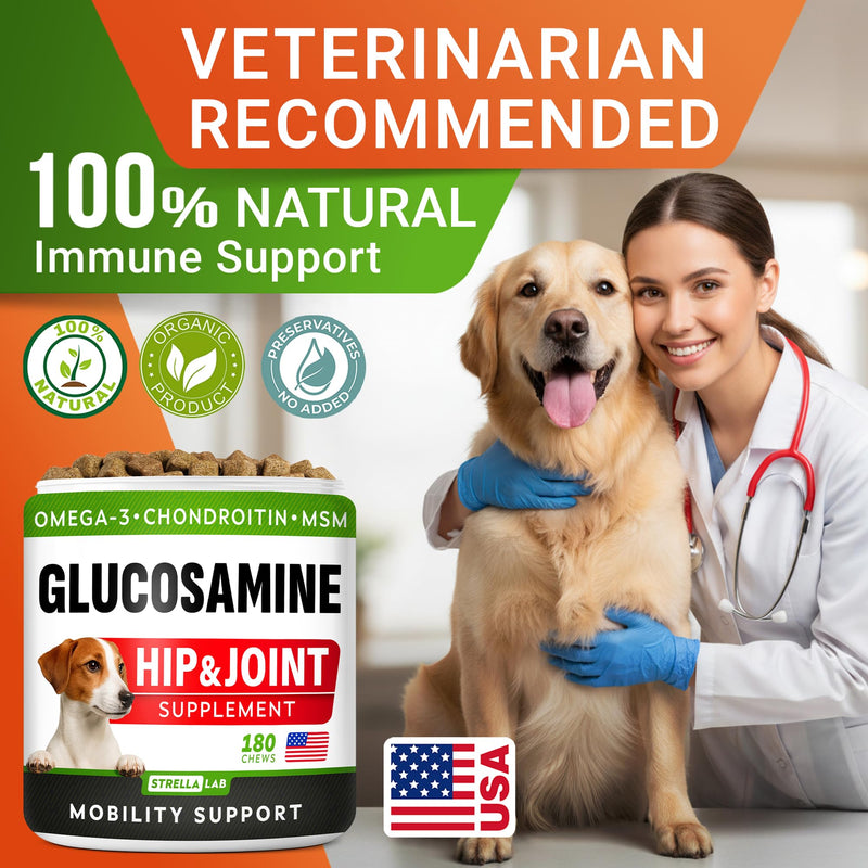 Glucosamine for Dogs w/Chondroitin - Hip & Joint Supplement for Dogs w/Omega-3 Fish Oil - Chondroitin MSM - Advanced Mobility Chews - Joint Pain Relief - Hip & Joint Care - Made in USA (180Ct) 180 Chews