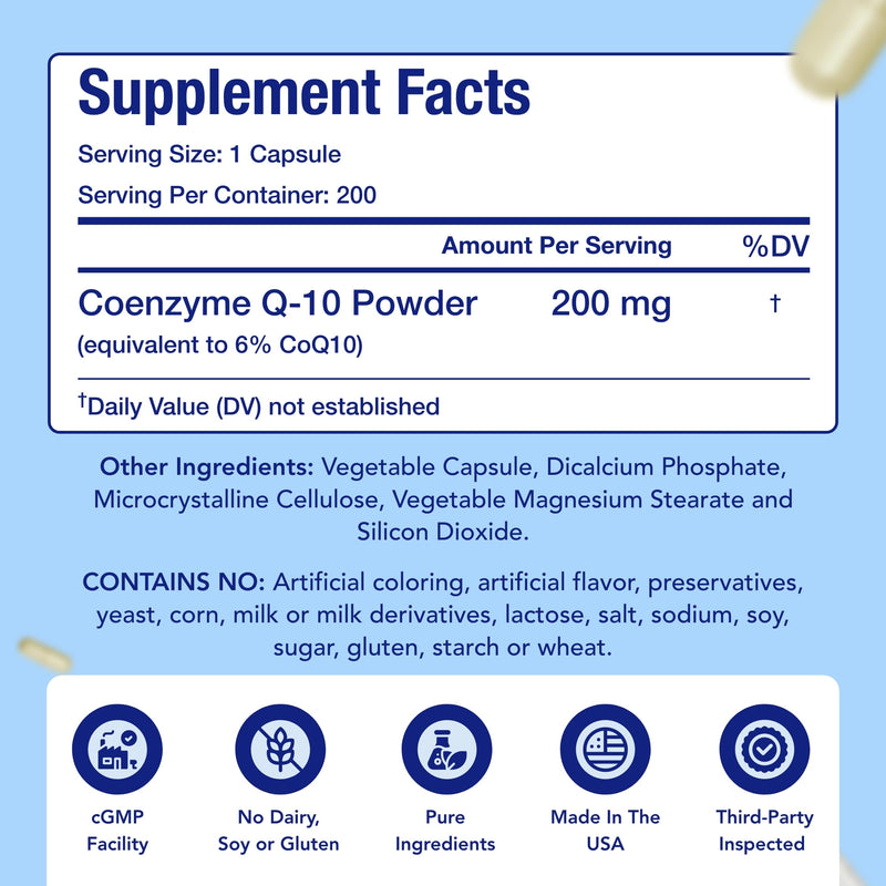 CoQ10 200mg Capsules | Vegan Friendly Coenzyme Q10 200mg from Easy Absorption Ubiquinone Supplement for Skin Heart and Energy Support | Made in the USA in cGMP Facilities (400 Servings) 200 Count (Pack of 2)