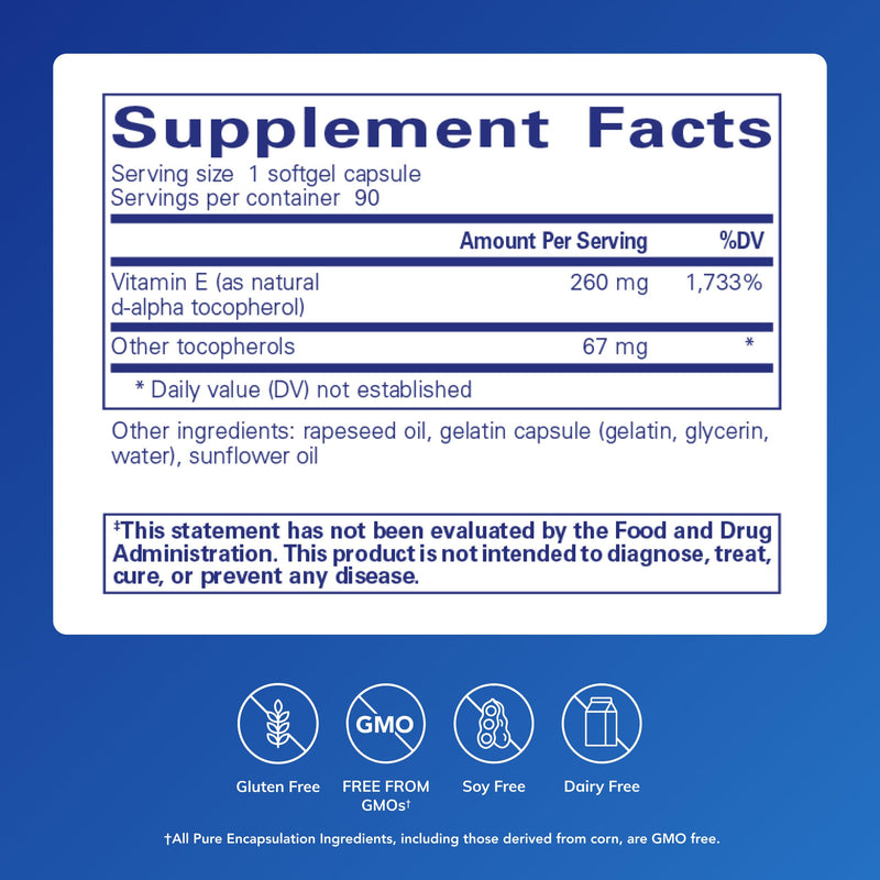 Pure Encapsulations Vitamin E (with Mixed Tocopherols), 90 Softgel Capsules | Antioxidant Protection and Cellular Function*, Contains Mixed Tocopherols, Non-GMO 90 Count (Pack of 1)