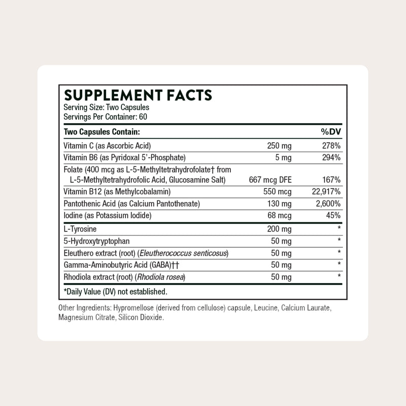 THORNE - Emotion Balance Support - Supports Mood & Stress Management* - Vitamins B6, B12 & C, 5-HTP, GABA, Rhodiola, Folate (5-MTHF) & L-Tyrosine - Third-Party Certified - Gluten-Free - 120 Capsules