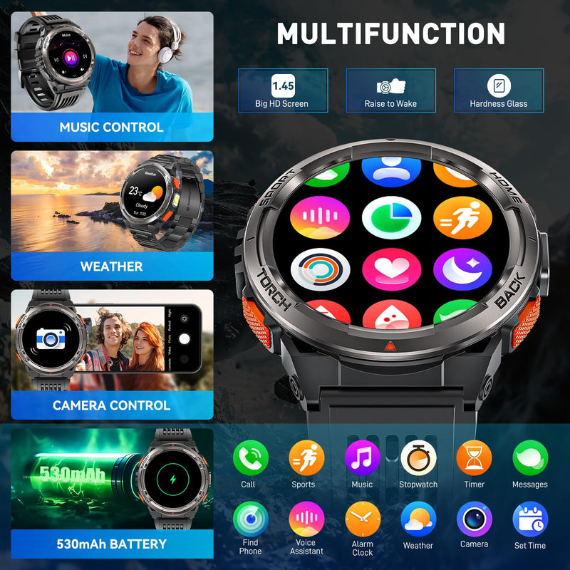 Military Smart Watches for Men with LED Flashlight, Tactical Rugged Smart Watch with 1.45" HD, 3ATM Waterproof & Compass, Sports Fitness Tracker with Heart rate/SPO2/Sleep Monitor KE5-Grey Button