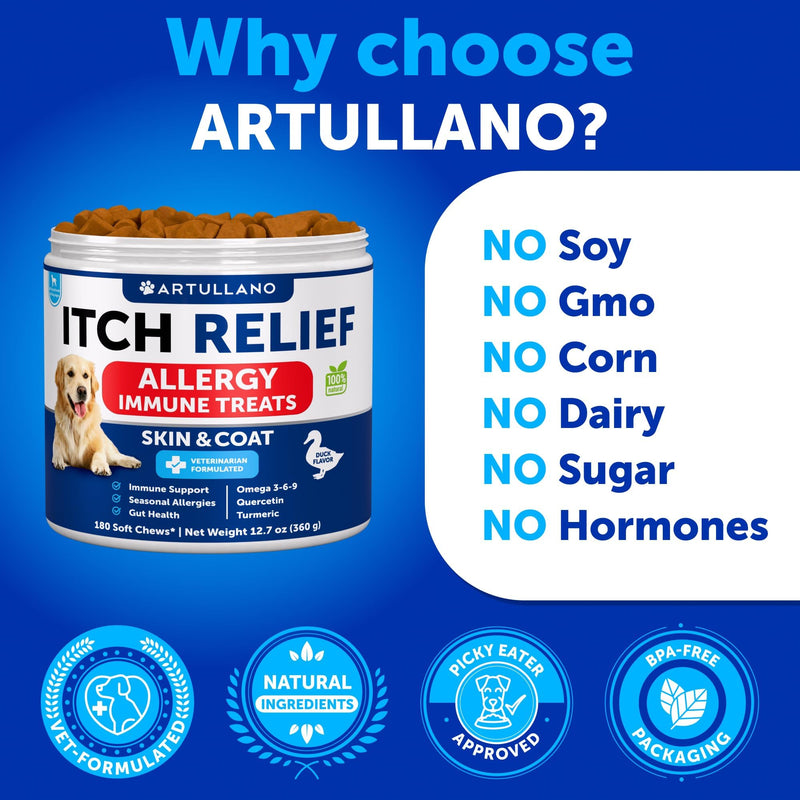 Dog Allergy Relief Chews - Itching Skin Relief for Dogs - 180 Soft Treats - Fish Oil - Omega 3 - Seasonal Allergies Pills - Skin & Coat, Anti Itch,Hot Spots Treatment - Canine Immune Health Supplement 180 Treats