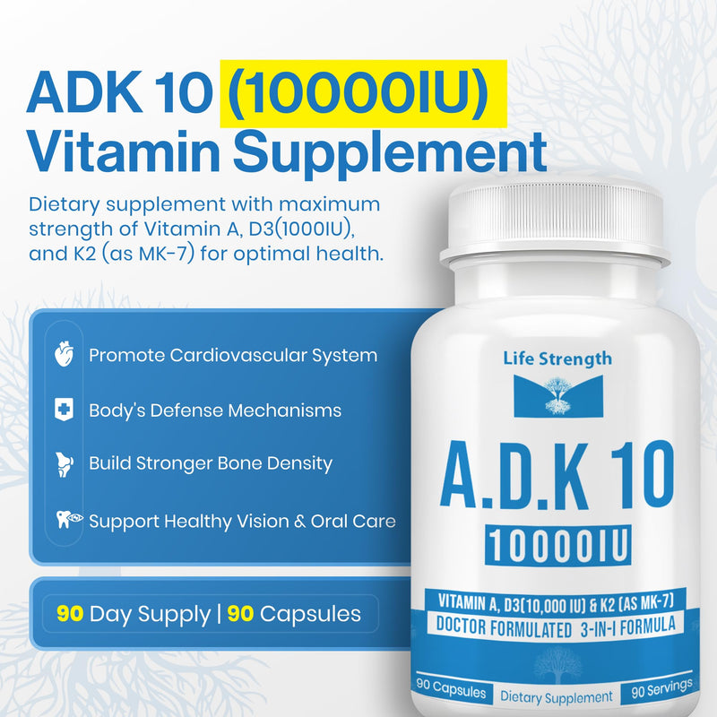 ADK 10 Supplement (180 Count) - Physician Formulated Vitamins A1, D3 & K2 (as MK7) for Bone Health - Immune System Support - Gluten Free, Soy Free, Non-GMO - 90 Capsules 2 PK 180CT