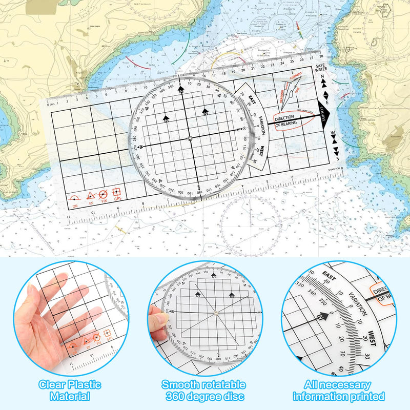 3 Pcs Basic Navigation Set,Including 15inch Parallel Ruler with Brass Arms, Nautical Protractor, and 6 Inch Marine Fixed Points Divider, Marine Accessories with Clear Scales for Boat