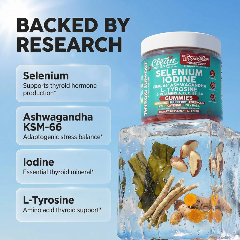 ThyroGlow Thyroid Support Gummies Selenium Iodine KSM 66 Ashwagandha L Tyrosine Vitamin D, C, B12, B6 Turmeric Blueberry Holy Basil Folate Bladderwrack By Clean Nutra
