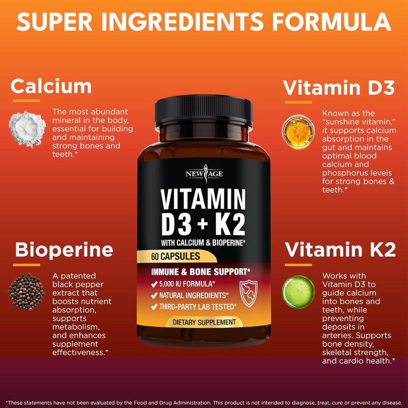 NEW AGE Vitamin D3 5,000 IU + K2 MK-7 100 mcg - 2-in-1 Bone, Immune & Heart Support, Easy to Swallow, Non-GMO - 180 Capsules 60 Count (Pack of 3)