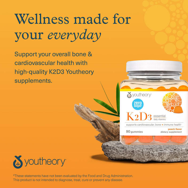 Youtheory K2D3, 90 Vegetarian Capsules, 90-Day Supply | Vitamin D3 and K2 Supplement, Plant-Based Ingredients, Gluten, Dairy, and Soy-Free, Supports Bone, Heart, and Immune Health* 1 Count (Pack of 90)