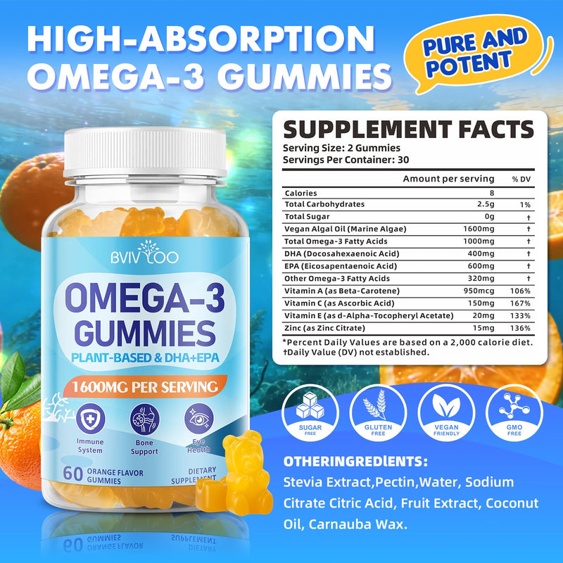 2 Pack Vegan Omega-3 Gummies - 1600mg with 600mg EPA & 400mg DHA. High Absorption Formula. Delicious Orange Flavor - 120 Gummies 2pack