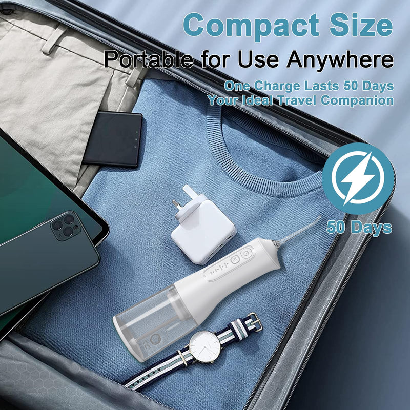Portable Cordless Water Dental Flosser Teeth Pick 300ML Rechargeable Oral Irrigator with 4 Modes, IPX7 Waterproof,Powerful Flossing for Gum Care, Braces, and Deep Cleaning (White) White