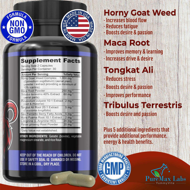 Horny Goat Weed Extra Strength - with Maca, L-Arginine, Ginseng - Boost Desire, Performance, Stamina, Energy, Non-GMO Formula, 60 Capsules