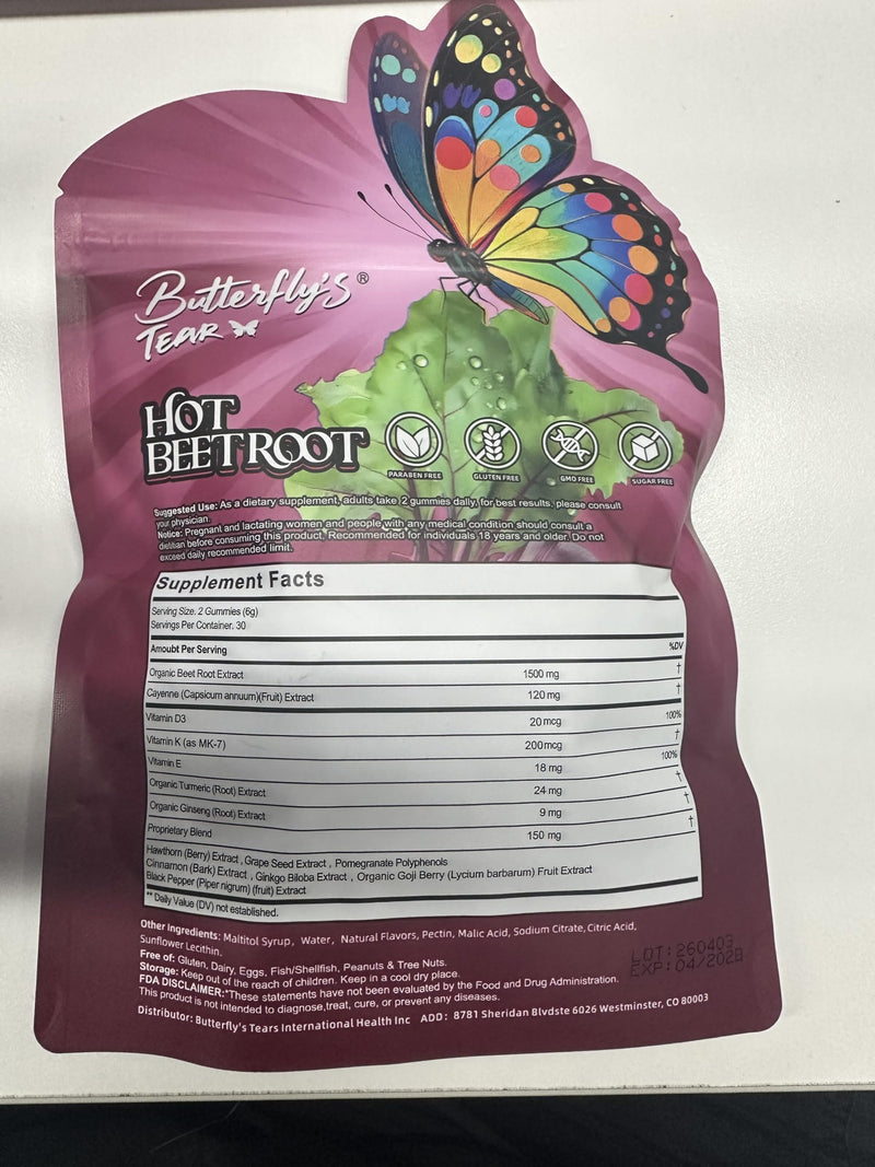 BUTTERFLY'S TEAR Beet Root Gummies – Hot Beet Root Gummies for Circulation, Heart & Blood Pressure Support, Nitric Oxide Beets Gummies with Vitamin D3, K2, E, Grape Seed, Sugar Free, 2Pack (60 Count) Superfood Beets Gummies 60 Count (Pack of 2)