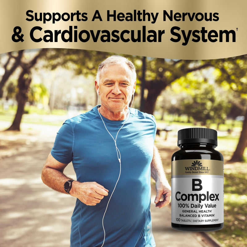 Windmill Natural Vitamins B Complex (100% Daily Value), Boost Energy Production and Promote Metabolism, 100 Tablets, 100 Servings