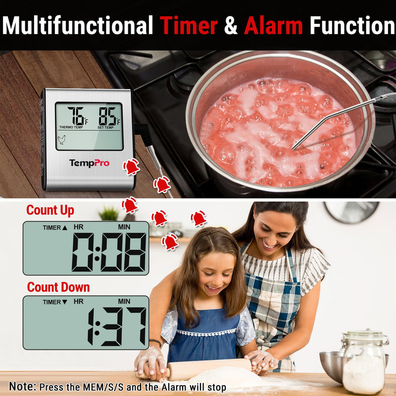 TempPro TP16 Large LCD Digital Cooking Food Meat Thermometer for Smoker Oven Kitchen BBQ Grill Thermometer Clock Timer with Stainless Steel Temperature Probe(Previously ThermoPro) Light Silver - BeesActive Australia