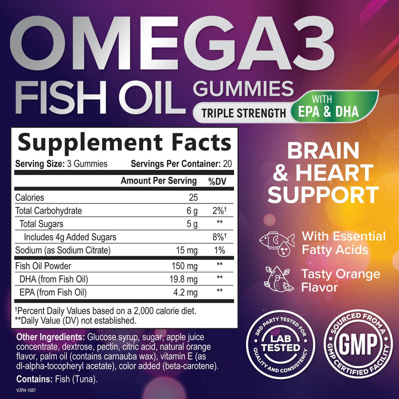 Omega 3 Fish Oil Gummies - 3X Strength Heart Health Support, High Absorption Omega 3 Fish Oil Gummy Supplement with DHA & EPA, Joint & Brain Support for Adults, Delicious Orange Flavor- 60 Gummies 60 Count (Pack of 1)