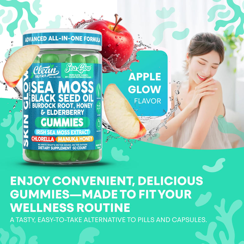Clean Nutra Sea Moss Gummies Black Seed Oil Chlorella Ashwagandha Root Hair Growth Skin Glow Irish Sea Moss Elderberry Burdock Manuka Honey Trace Minerals Detox 60 Gummy Vitamins Sea Glow Supplement