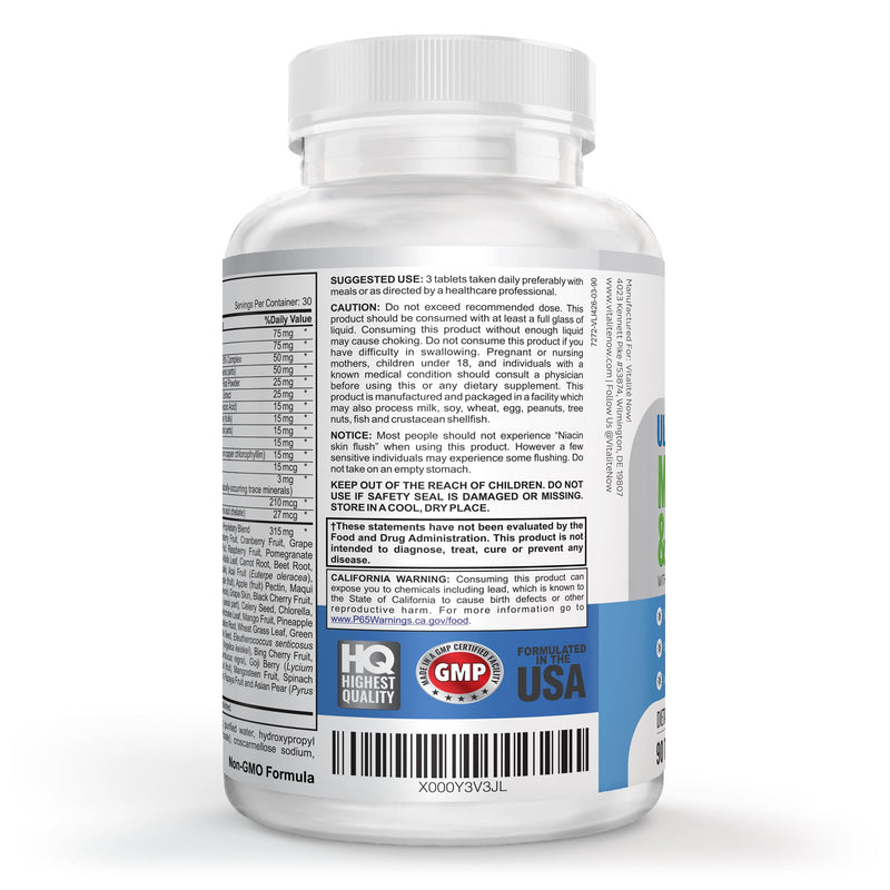 Vegan Whole Food Multivitamin & Mineral - Vitamins A B1 B2 B6 B12 C D3 E | 110 Super Foods, Herbs, Greens & Reds - Enzymes & Probiotics for Immune Support - Energy Boost - 90 Tablets