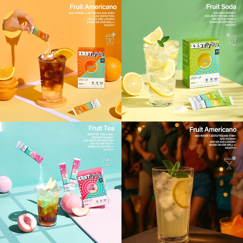 40 Sticks Low Sodium Sugar Free & 0 Calorie Electrolyte Hydration Packets | Lightly Sweet Electrolyte Powder Drink Mix, Liquid Daily IV Flavors Lemon Orange Peach Grapefruit Mixed Flavor