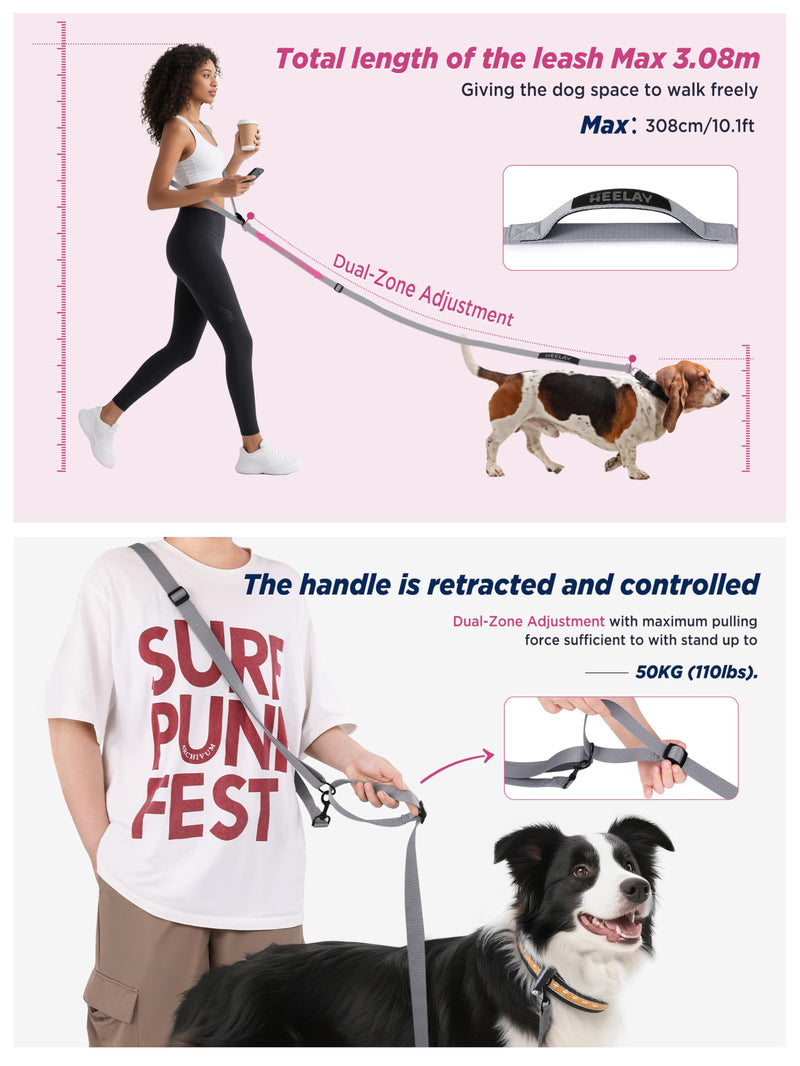 Hands Free Dog Leash, 10.1ft Crossbody & Waist-Wear Adjustable Leash, Dual-Zone Length Control, Shock-Absorbing Handle, Lightweight Rope Leashes for Small & Medium Dogs Grey - BeesActive Australia