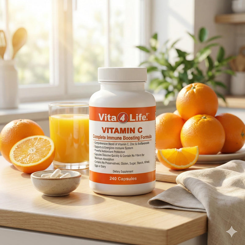 Vita4Life!® Vitamin C 1000mg with Zinc & Bioflavonoids - 240 Capsules - High Potency Immune Support, Antioxidant Protection - Non-GMO, Gluten Free - GMP Certified