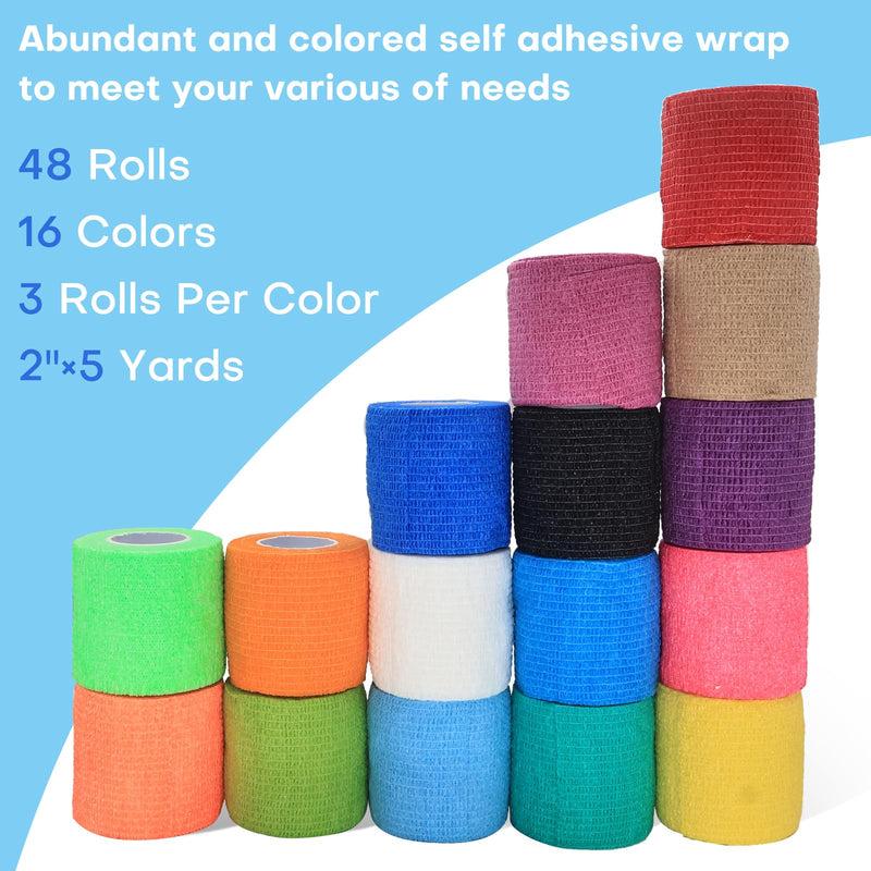 48 Pack 2” x 5 Yards Self Adhesive Bandage Wrap, Elastic Breathable Cohesive Bandage Wrap Athletic Stretch Tape for Wrist Ankle Sports (Multi-Color) 2 Inch-48 Pack Multi-color - BeesActive Australia