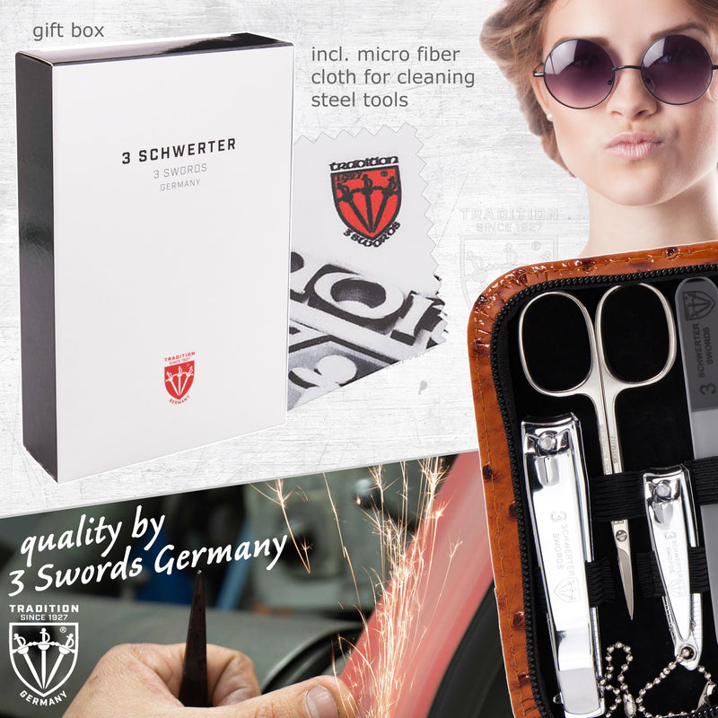 3 Swords Germany - brand quality 8 piece manicure pedicure grooming kit set synthetic leather case ostrich cognac - Made in Germany OSTRICH BROWN