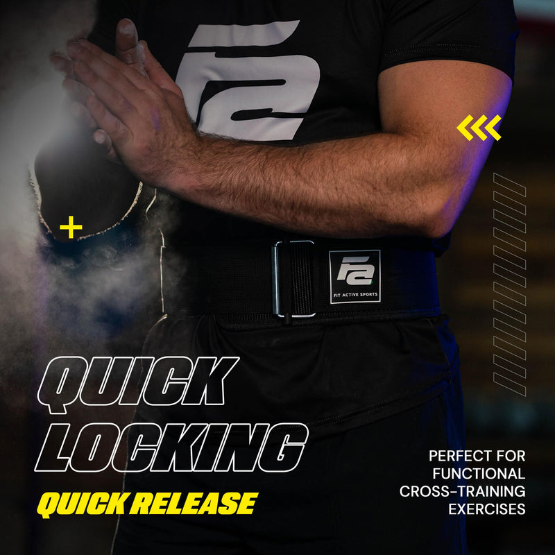 Fit Active Sports Self Locking Weight Lifting Belt | Premium Weightlifting Belt for Cross Training, Fast Locking Release Mechanism for Fitness and Power Lifting - Weightlifting Back Support for Men and Women Medium Black