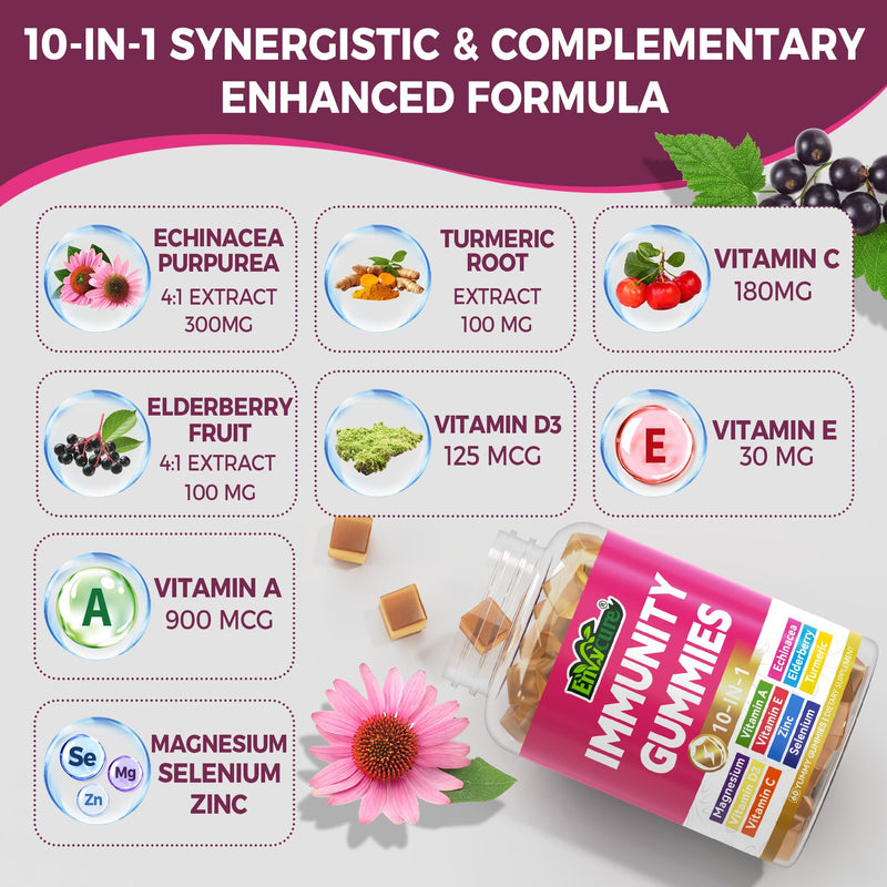 Immune Support Supplement Gummies, w/Echinacea, Elderberry, Vitamin C, Zinc | 10 IN 1 Daily Immune Booster Multivitamin, w/Vitamin D3 5000IU, Magnesium, Selenium, for Antioxidant Bone Energy, 1 Pack 60 Count (Pack of 1)