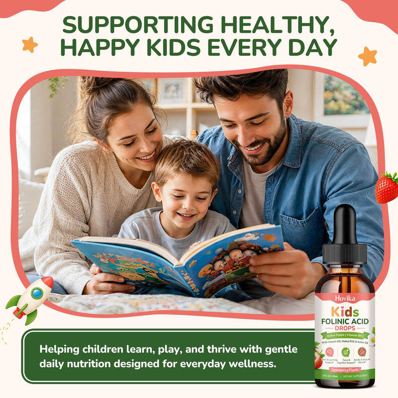 Kids Folinic Acid Drops with Active Folate, Folic Acid Alternative for Kids, Citicoline, Dual Active B12, Vitamin D3, P5P B6 & R5P B2, Brain, Learning, Focus & Mood Support, Strawberry, 2 Fl Oz