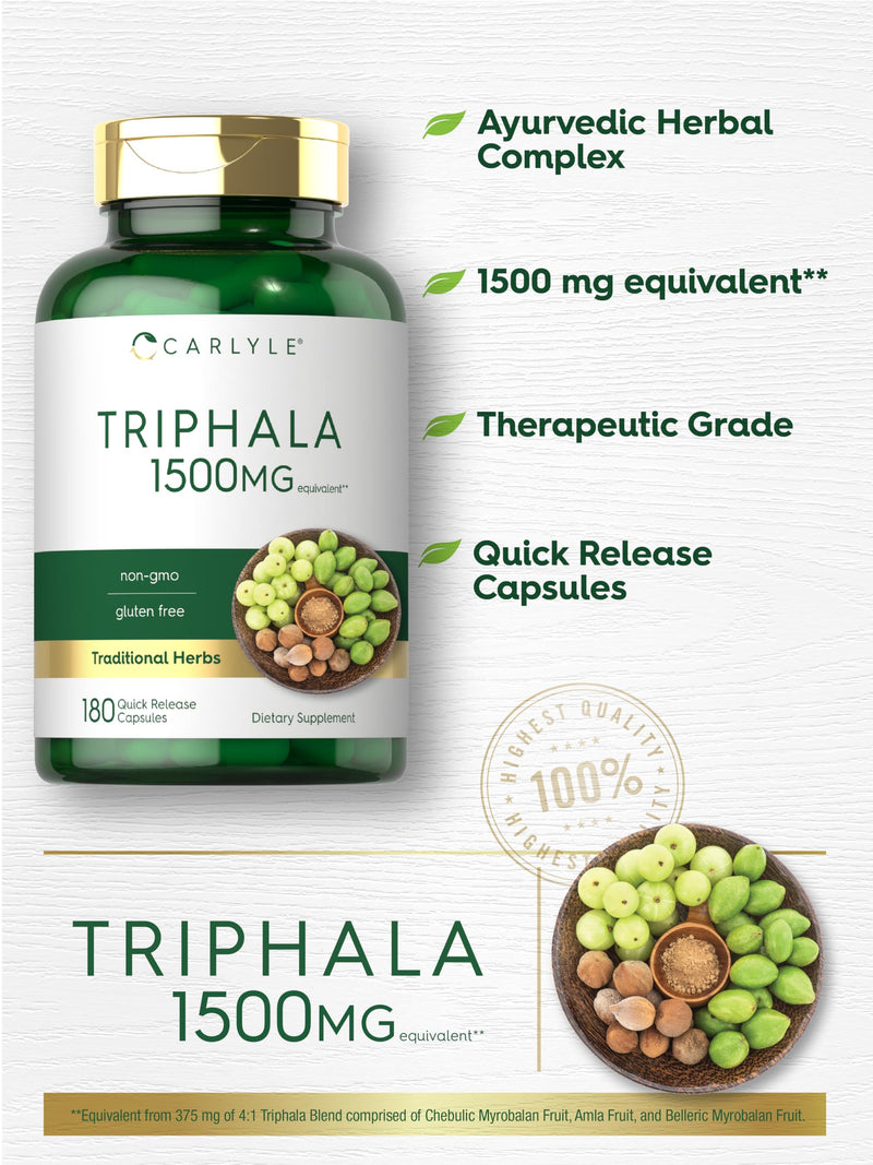 Carlyle Triphala Capsules | 1500mg | 180 Count Supplement | Non-GMO and Gluten Free - BeesActive Australia
