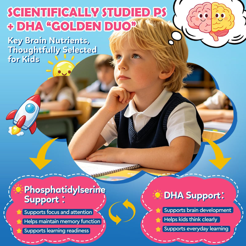 Kids Focus and Attention Supplements with Phosphatidylserine, Omega-3, Magnesium Glycinate, L-Theanine, Folate, Brain Vitamins Liquid Drops for Kids Memory, Cognitive, Sleep & Mood,Strawberry,4 Fl Oz Strawberry 2 Fl Oz (Pack of 2)