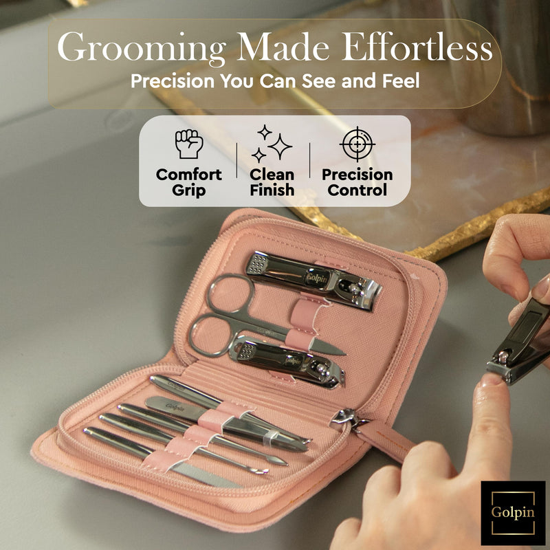 9 Pcs Manicure Set for Women Men & – Stainless Steel Manicure & Pedicure Kit with Travel Nail Grooming Case, Nail Clippers, Cuticle Tools – Gift-Ready Mens Manicure Kit & Womens Grooming Set Pink